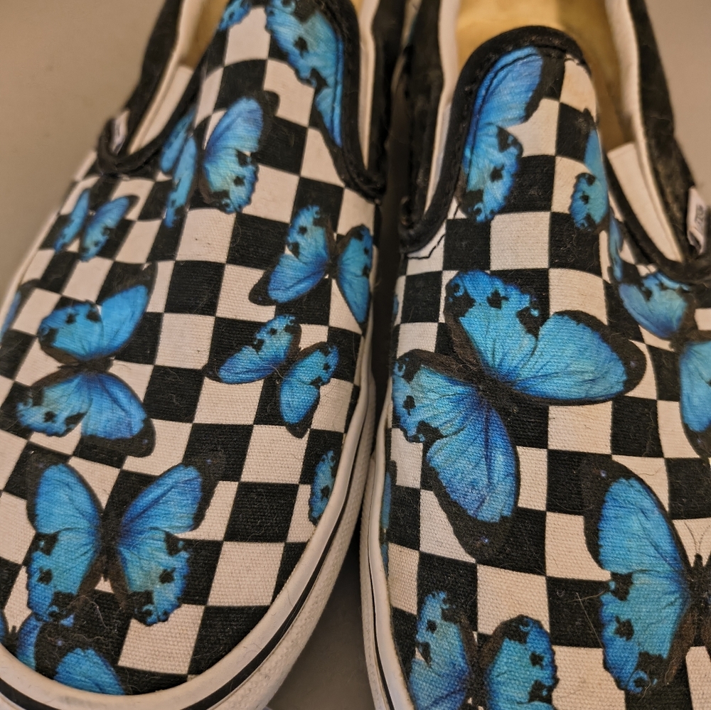 Vans Women's Black and White Checkered Slip-On with Blue Butterflies